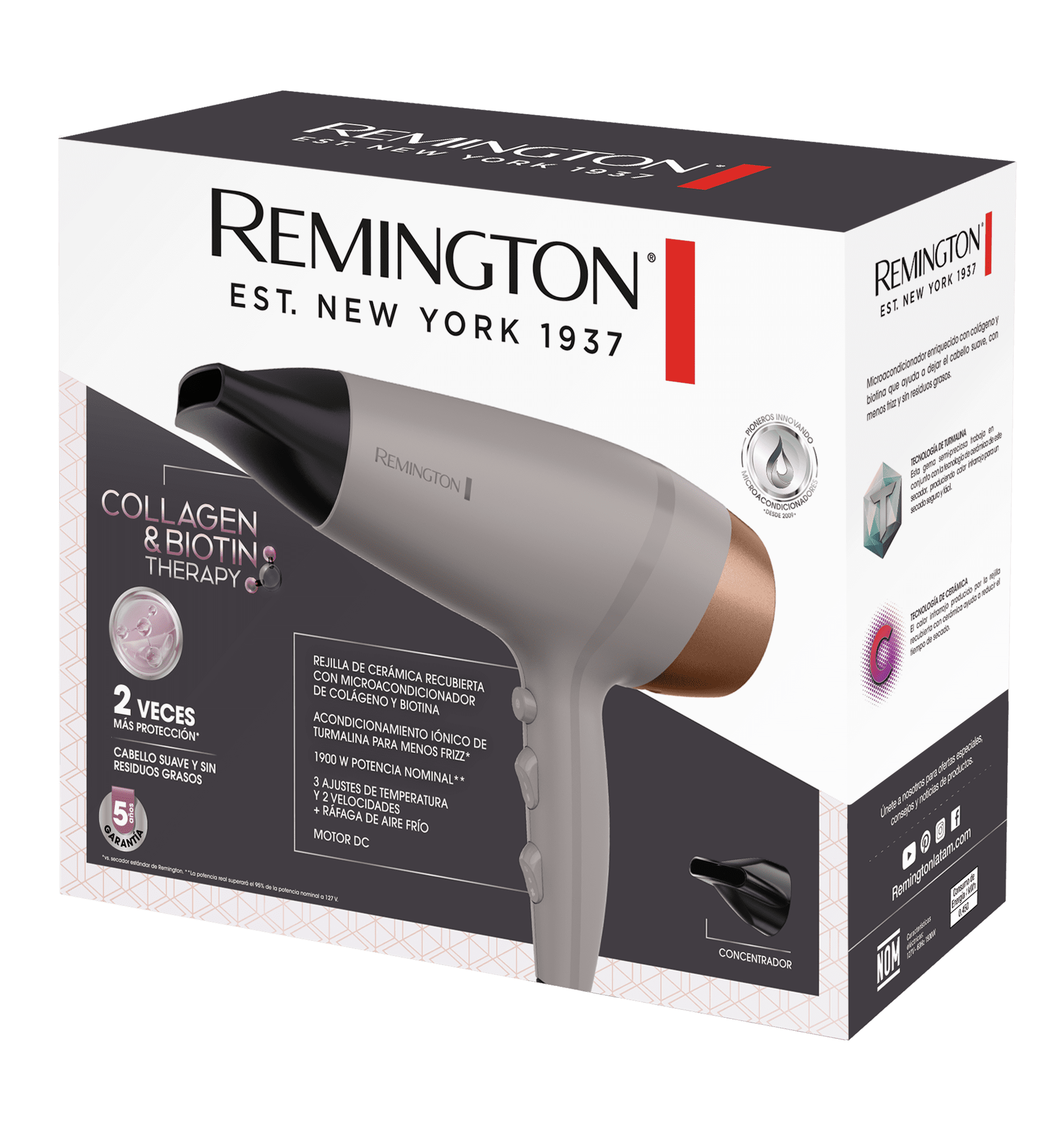 Secador de cabello D26A de la línea Collagen and Biotin Therapy de Remington.