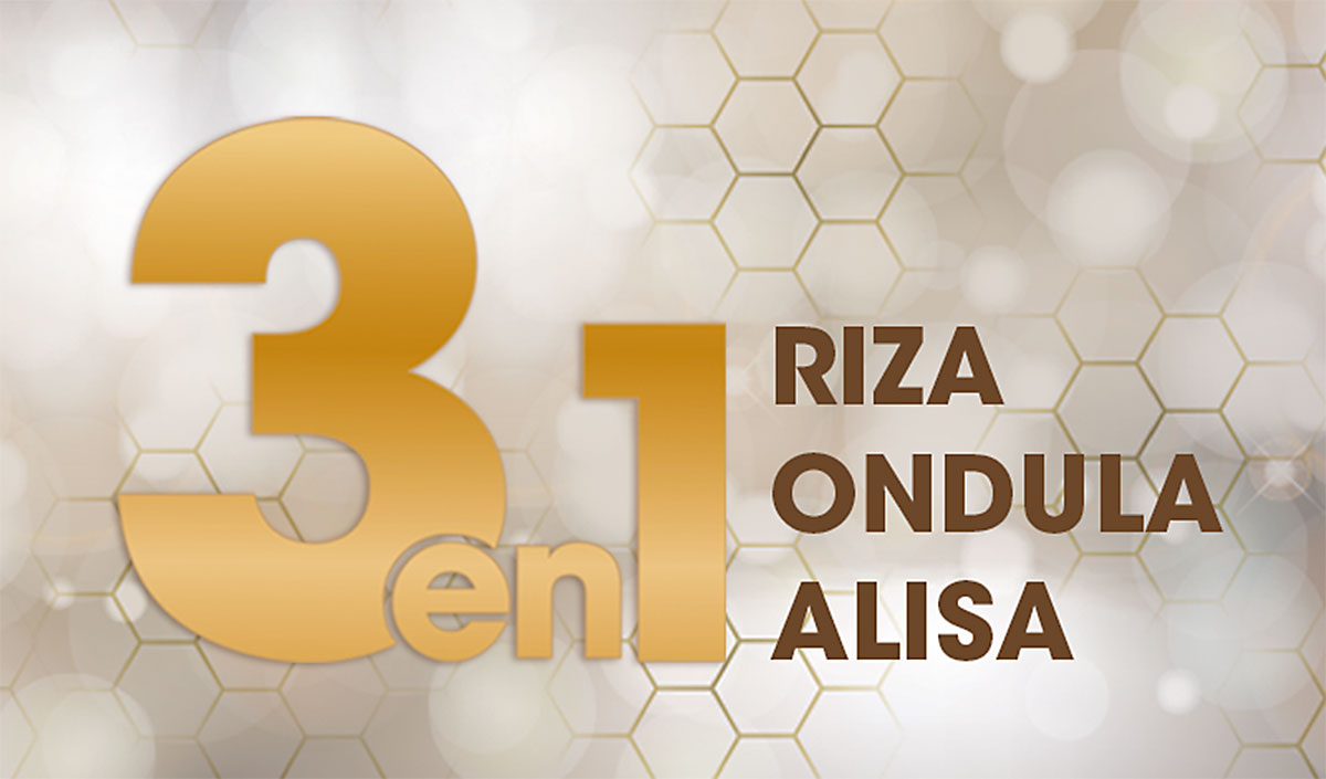 Texto "3 EN 1 RIZA ONDULA ALISA" sobre fondo dorado con panal de abejas