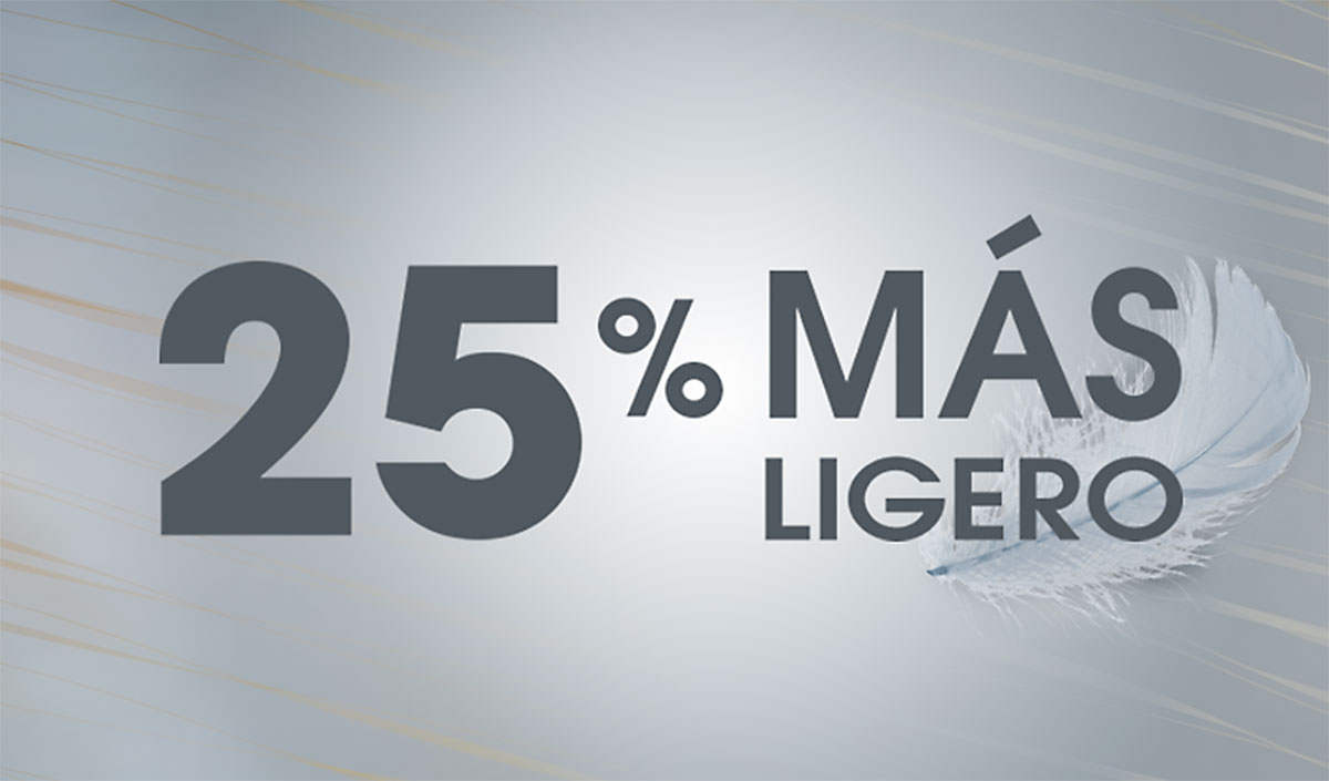 Texto "25% MÁS LIGERO" con ilustración de una pluma en el fondo