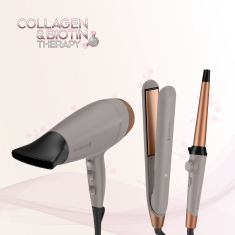 Productos de la colección Collagen & Biotin Therapy de Remington.